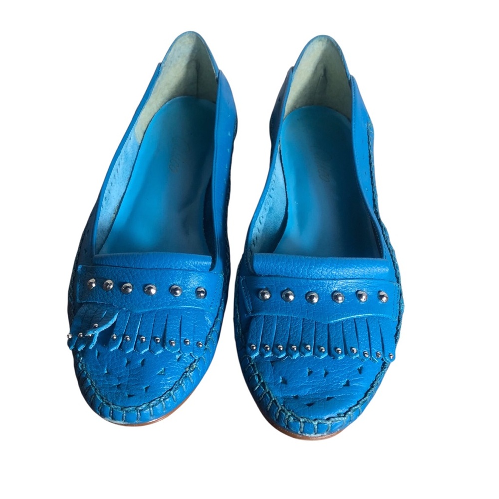 Vintage Calico blue studded tasseled slip on faux leather shoes Sz 7.5M